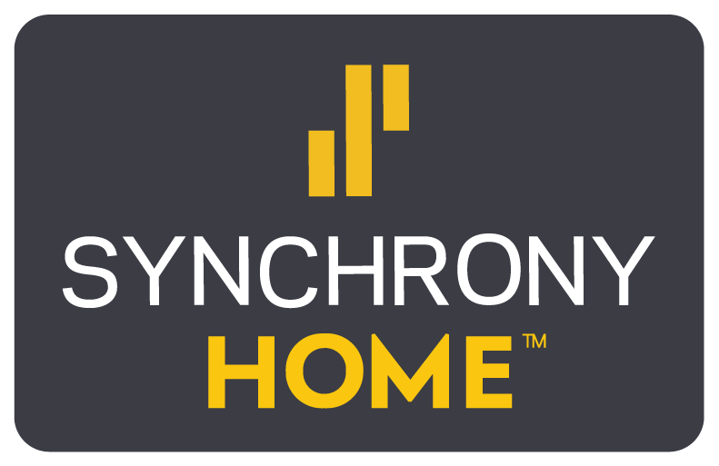 Logo of Synchrony Home, featuring the words "SYNCHRONY" in white and "HOME" in yellow, accompanied by a graphic of three vertical yellow lines against a dark gray background.