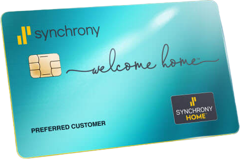 A turquoise credit card featuring the logo "synchrony," the phrase "welcome home," and the title "PREFERRED CUSTOMER." It also bears the logo for "SYNCHRONY HOME."