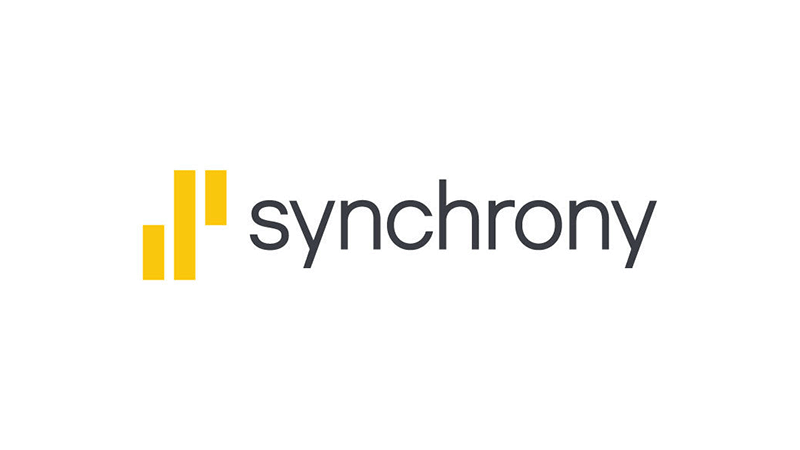 Logo of Synchrony, featuring stylized yellow bars on the left and the word "synchrony" in gray.