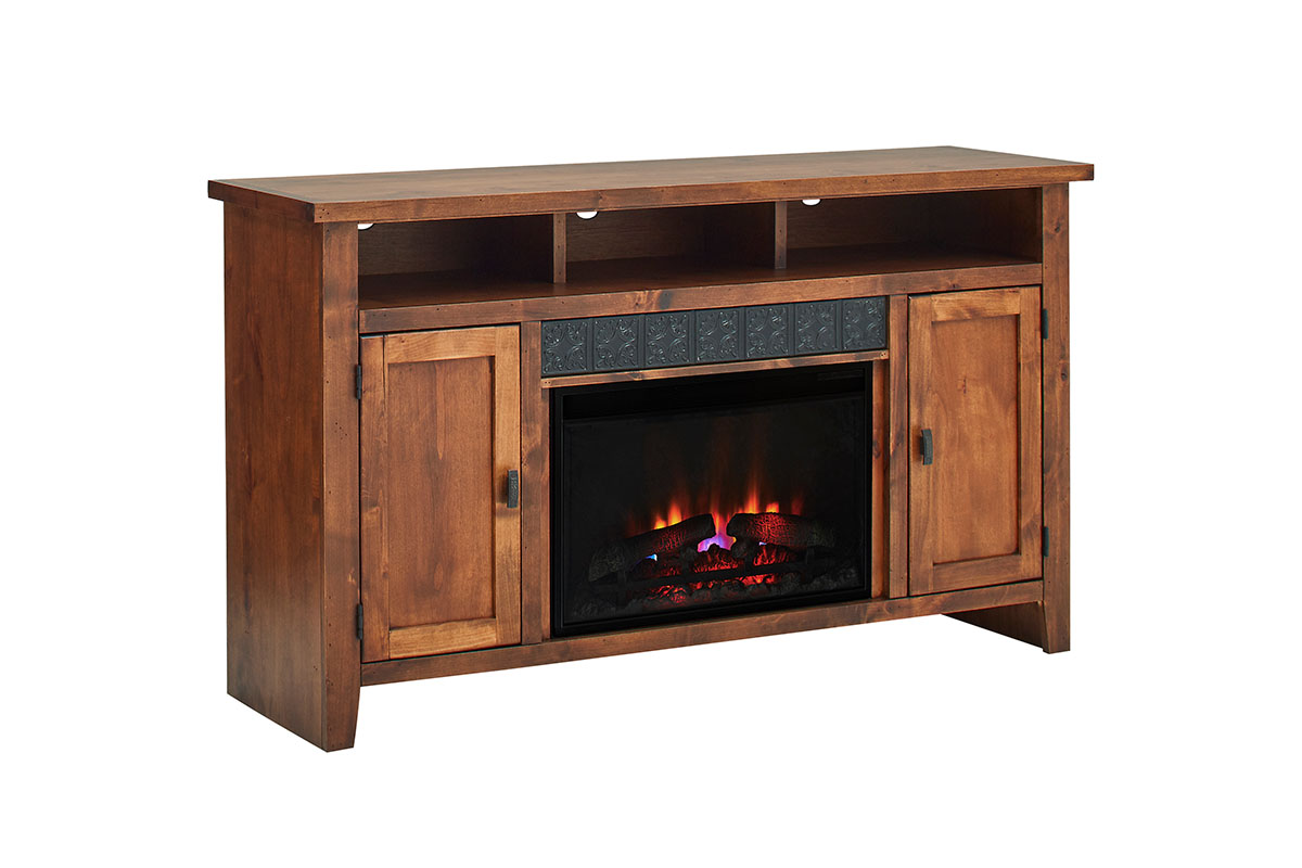 A wooden TV stand with two side cabinets and a central electric fireplace, featuring realistic flames and a decorative metal panel above the fireplace.
