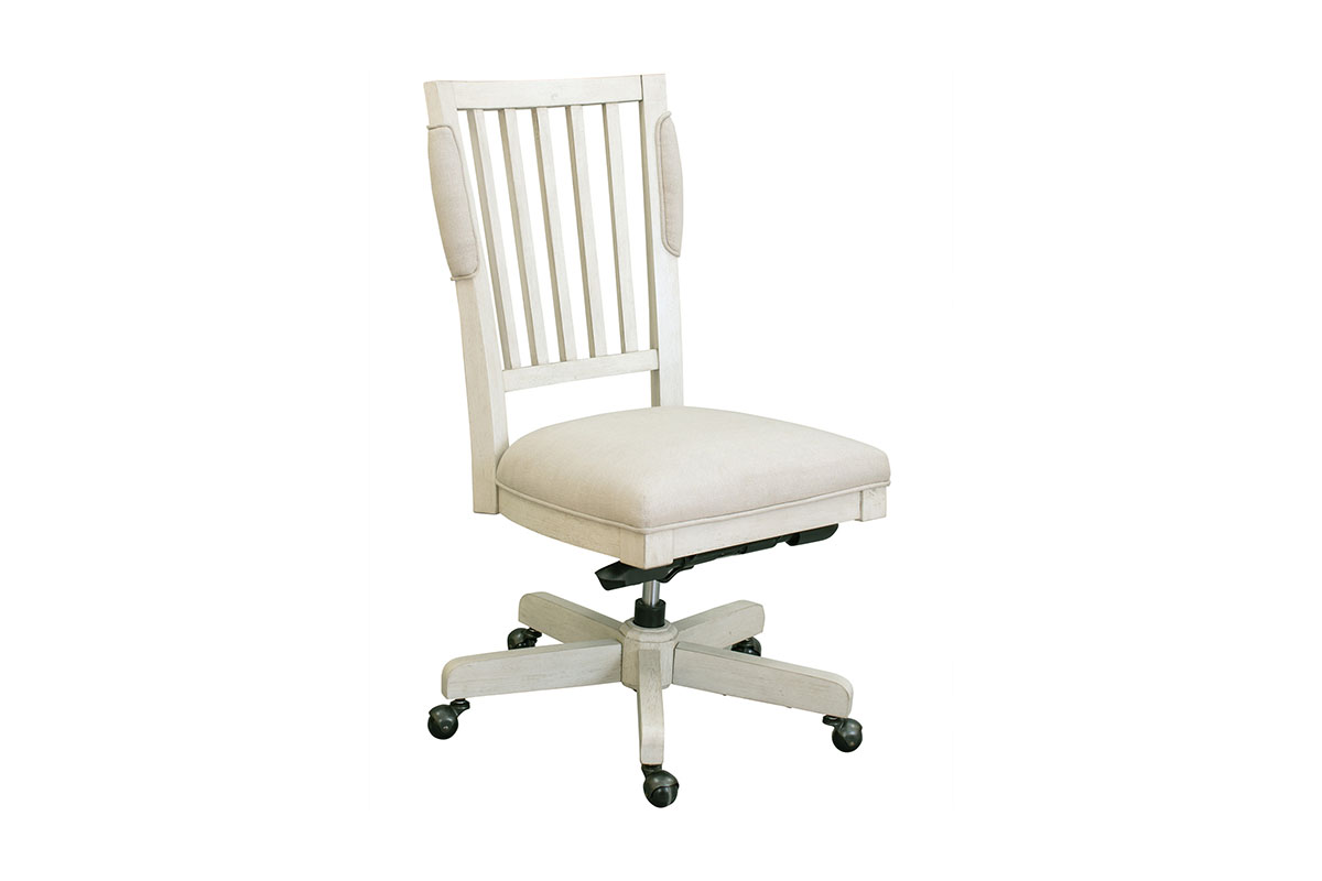 A white wooden office chair with a slatted backrest and a cushioned beige seat, featuring a height-adjustable mechanism and five rolling casters.
